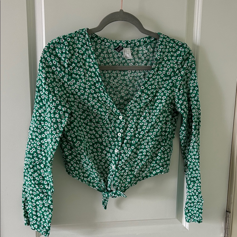 Divided Green Floral Button-Up Blouse